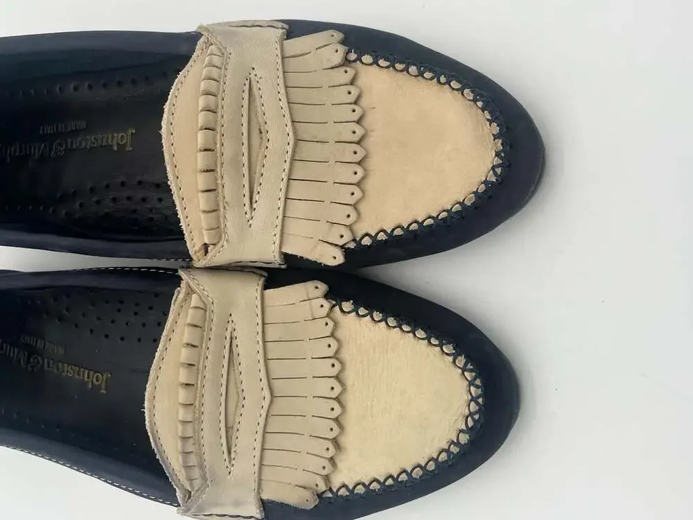 Johnston & Murphy Fringe Loafer, Navy and Beige Suede, Size 7.5 M made in Italy